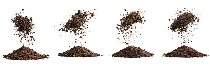Set of a fertile soil falling in the air isolated on a transparent background
