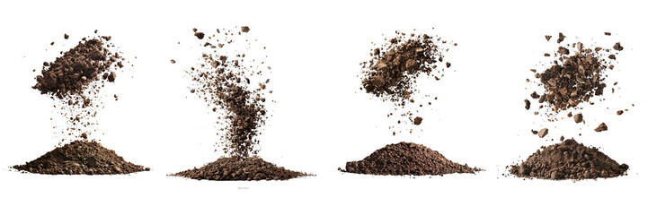 Set of a fertile soil falling in the air isolated on a transparent background - obrazy, fototapety, plakaty