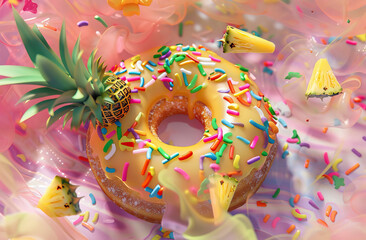 A photo of pastel donuts with colorful sprinkles and pineapple designs on top