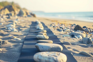 yoga mat lined with rocks creating a zen space on beach - obrazy, fototapety, plakaty