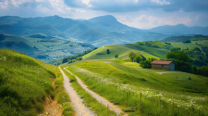 peaceful countryside, surrounded by green hills and mountains
