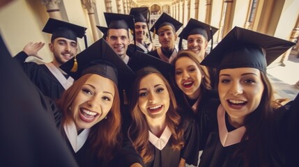 Obraz premium Happy graduating international students wearing bachelor gowns and mortar boards, education concept, candid moment of graduation day ceremony