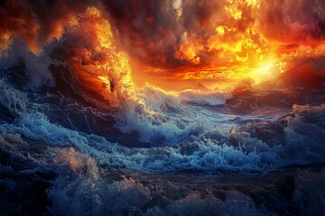 Dramatic Ocean Seascape with Majestic Waves and Fiery Sky at Sunset Nature's Power Unleashed - obrazy, fototapety, plakaty