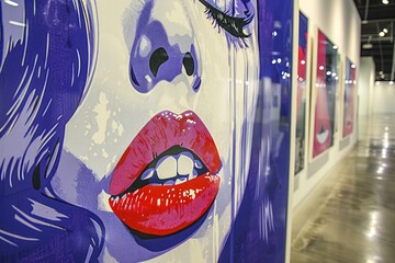 Vibrant Pop Art Style Mural of Woman's Face with Bold Red Lips on Gallery Wall Urban Street Art...