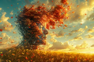 Surreal Portrait of Woman with Autumn Leaves Blending with Sunset Sky in Ethereal Nature Concept