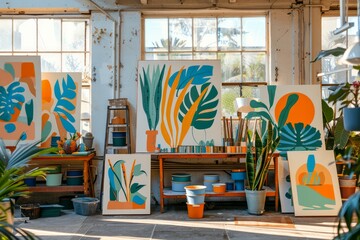 Bright and Colorful Art Studio Interior with Tropical Theme Paintings, Easels, and Art Supplies in...