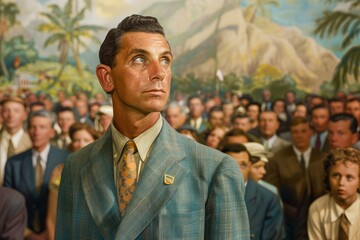 Vintage Style Painting of a Dapper Gentleman with a Crowd in Retro Attire Against a Tropical...
