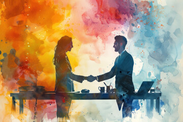 Colorful watercolor of Businesswoman shaking hands with colleague in meeting
