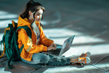 Plastic doll of a young student working on a laptop - obrazy, fototapety, plakaty