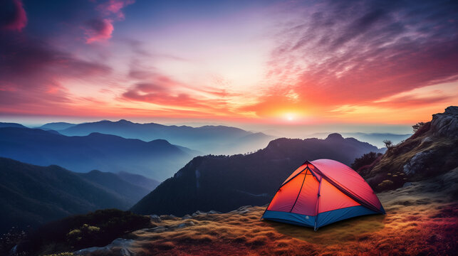 tranquil mountain peak with camping tent, golden sunrise