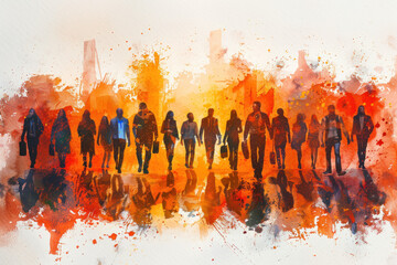 Orange watercolor of business people walking on their way from work