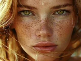 Close-up portrait of a beautiful young woman with green eyes, looking in the camera. Freckles on her face.