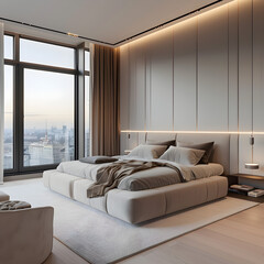 bedroom interior design in Warsaw. Italian design furniture, panoramic windows, light colors, super...