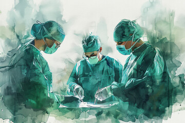 Green watercolor of a group of doctors performing surgery on a patient - obrazy, fototapety, plakaty