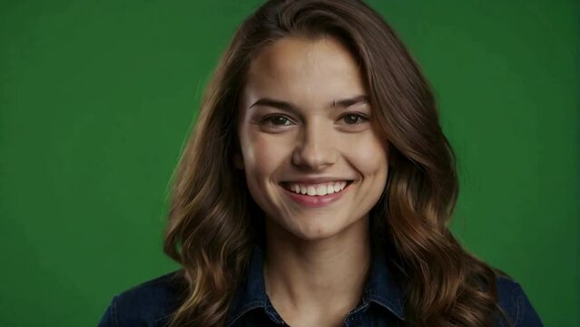 Beautiful young woman smiling while looking at the camera on a green screen background