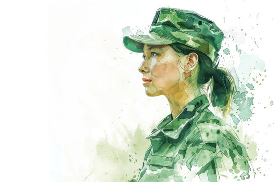 Green watercolor painting of a military personnel, army woman