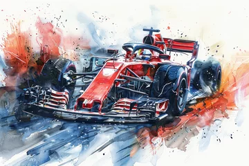 Fototapeten Colorful watercolor painting of sport car racing in formula 1 competition © Ema