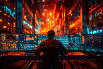 Control room monitoring AI-driven machines in real-time, ensuring seamless operation and proactive maintenance to prevent downtime in manufacturing processes - obrazy, fototapety, plakaty