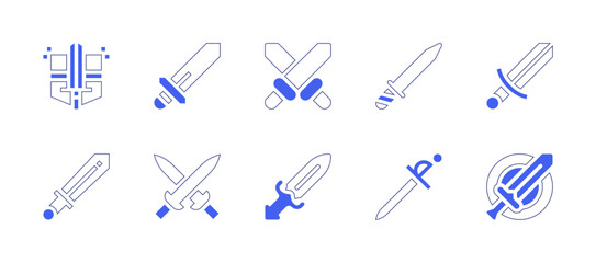 Sword icon set. Duotone style line stroke and bold. Vector illustration. Containing sword, swords, medieval, shield.