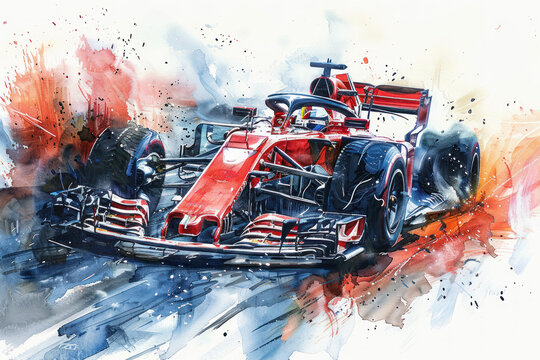 Colorful watercolor painting of sport car racing in formula 1 competition