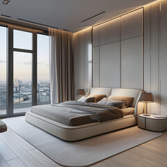 bedroom interior design in Warsaw. Italian design furniture, panoramic windows, light colors, super...