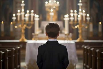 Young boy of Caucasian descent in a dark suit standing at the church altar with candles and a...