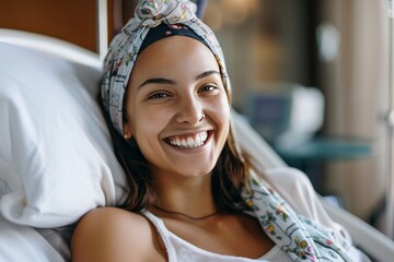 smiling woman on hospital bed, patient in good mood. - obrazy, fototapety, plakaty