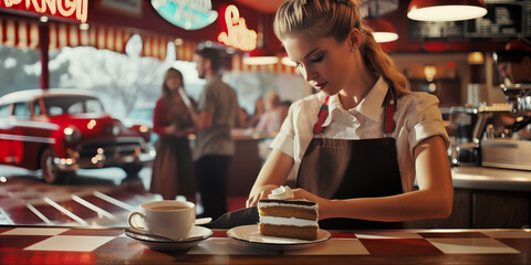 Inside a 1950s Americana diner, a waitress in uniform serves cake beside a coffee cup, with patrons and classic cars visible outside. - Powered by Adobe