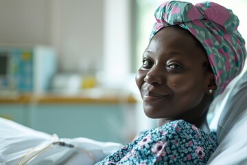 smiling black skin  woman on hospital bed, patient in good mood. - obrazy, fototapety, plakaty