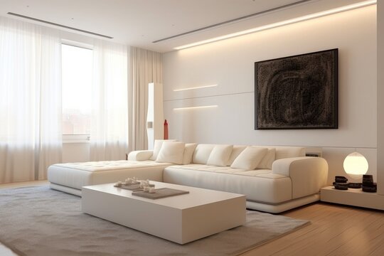 interior of a fashionable bright living room with a large corner sofa