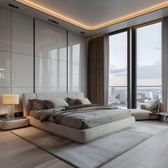 bedroom interior design in Warsaw. Italian design furniture, panoramic windows, light colors, super realistic interior. Ai generative 
