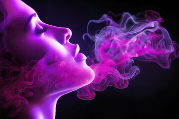A girl's face surrounded by abstract shapes of pink smoke on a dark background - 768612461