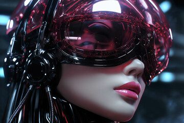 fashionable portrait of a beautiful girl in a futuristic cyber helmet and glasses and headphones, the concept of gaming cyber art - 768612479