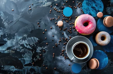 Fototapete Rund pink donut, macarons and coffee on the black background with blue circles around them © Sattawat