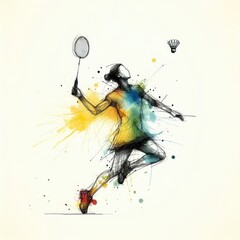 badminton player in watercolor paint illustration with Generative AI. - obrazy, fototapety, plakaty