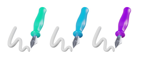 Set of vector metal pens of different colors. Classic vintage writing accessory