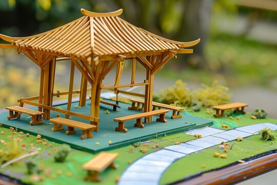 wooden model pavilion on a green base with benches and paths