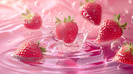 Pink water, pink strawberries floating in the air, bubbles and ripples on top of it, pink background