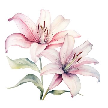 Lily flower watercolor illustration. Floral blooming blossom painting on white background