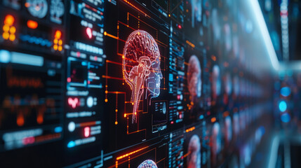 Close-up of a futuristic interface displaying 3D brain graphics and neural networks amidst glowing digital data and circuit lines on a computer screen. - obrazy, fototapety, plakaty
