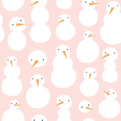 Vector winter seamless pattern. Snowman geometrical fabric design. Snowmen on pink background. Simple and stylish Scandinavian repeat texture. 