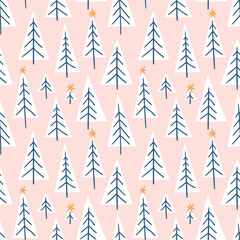 Vector winter forest seamless pattern. Triangle geometrical fabric design. Fir tree and stars on pink background. Simple and stylish Scandinavian repeat texture.  - 768613645