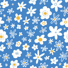 Winter flowers on blue background. Seamless pattern with flowers. Floral vector fabric design or Christmas wrapping paper.  - 768613653