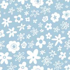 Winter flowers on blue background. Seamless pattern with flowers. Floral vector fabric design or Christmas wrapping paper.  - 768613665