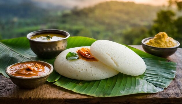Idli with sambar and chutney served on banana leaf.