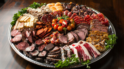 A beautifully arranged platter of various cold cuts, including roasted meats and meat delicacies, creates an inviting display for the main course. The photo captures the rich colors and textures in hi