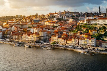 Fototapeta na wymiar Old city of Porto, during sunset. Portugal's old town from the Dom Luis I bridge on the Douro river.