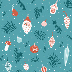 Christmas tree decorations seamless pattern. Vector Christmas balls and pine branches repeated pattern design. New Year seamless texture for fabric, wallpaper or wrapping paper.