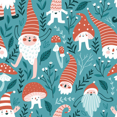 Forest fairy tale seamless pattern in hand-drawn style. Repeated pattern design with flowers, plants, mushrooms and gnomes. Fabric design for kids.