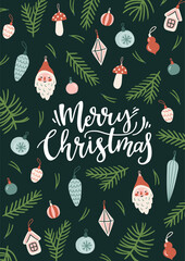 Merry Christmas holiday card design. Merry Christmas handwritten lettering with vintage Christmas balls, typography vector design for greeting cards and poster.  Vector xmas illustration